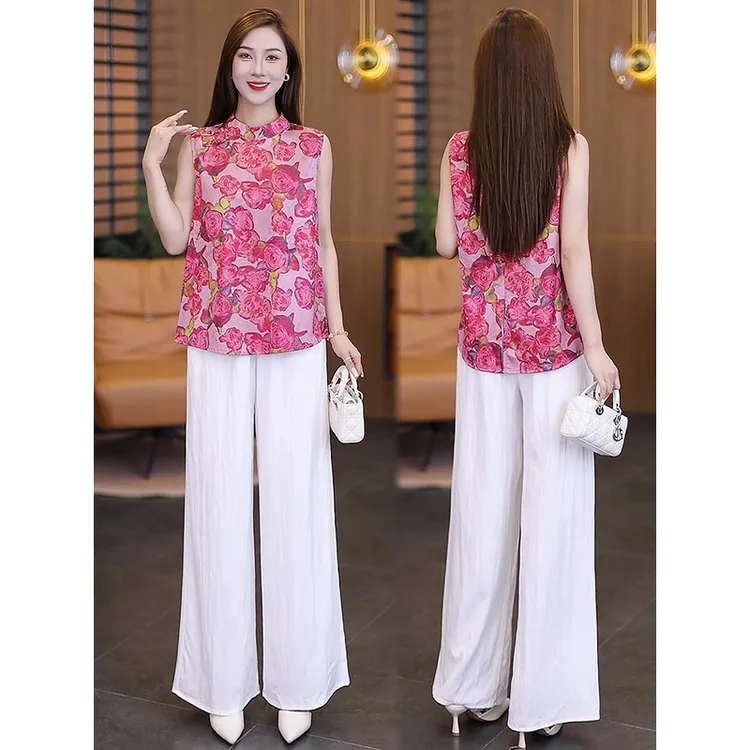 新中式复古盘扣改良无袖旗袍套装女夏新款高级感时尚阔腿裤两件套