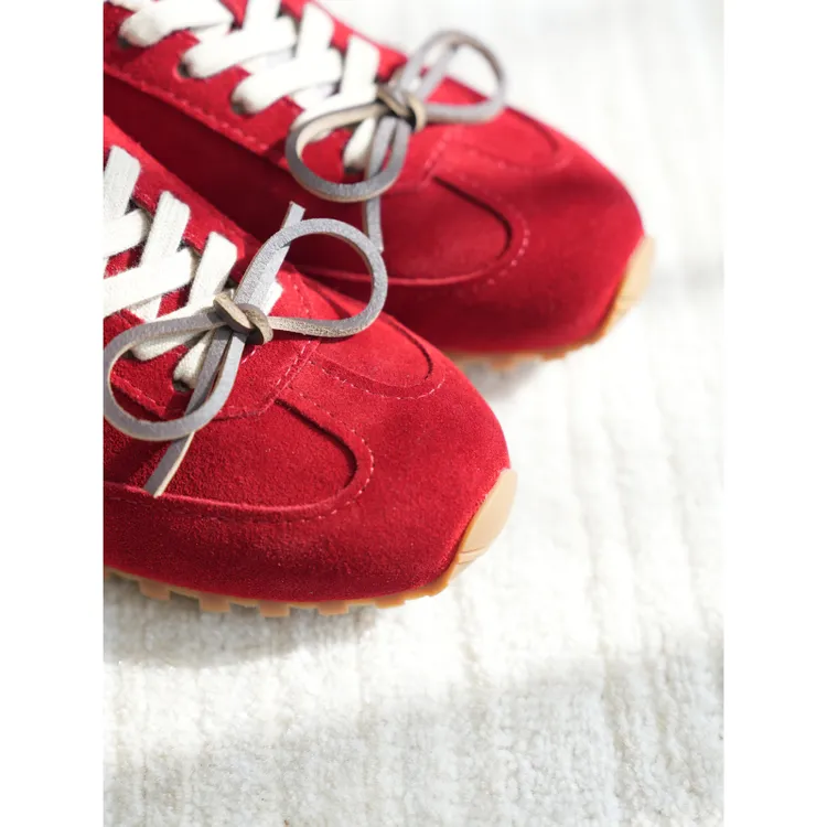 BAYBERYL老贝红色绒蝴蝶结浅口圆头加平底德训鞋DD5K1901-12/17