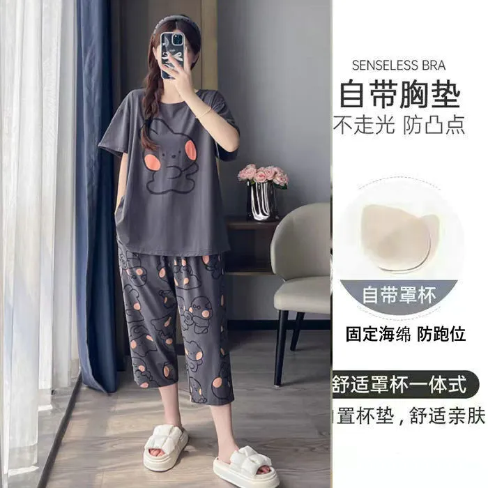 带胸垫睡衣女夏季纯棉新款短袖七分裤家居服全棉女士睡衣套装夏天