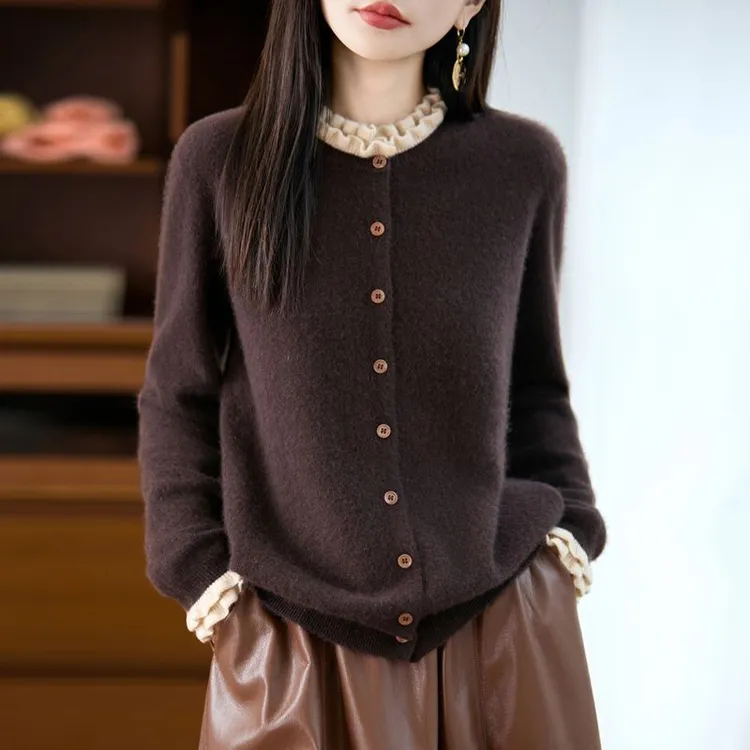 正品撤柜精纺羊毛衫木耳花边针织开衫秋冬新款洋气减龄外套上衣