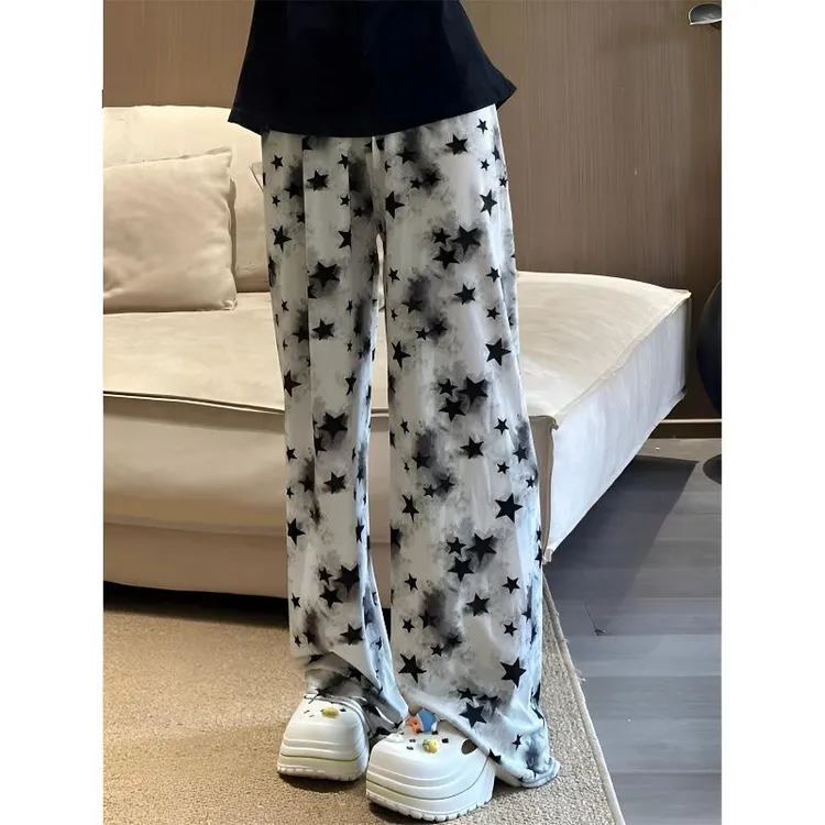 胖MM大码冰丝星星扎染阔腿裤女夏薄款高腰宽松显瘦垂感凉凉休闲裤