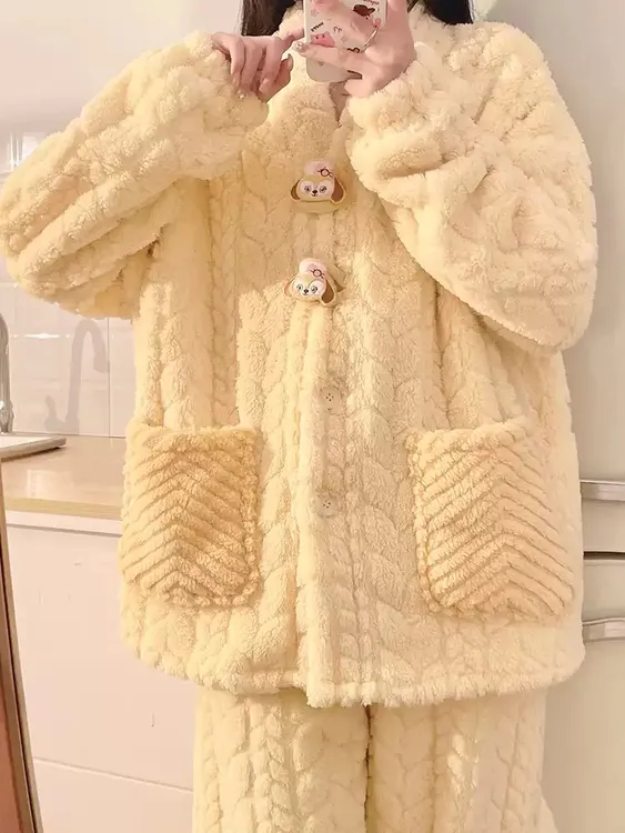 厨师饼饼睡衣女款秋冬季珊瑚绒加厚加绒法兰绒卡通可爱家居服冬天