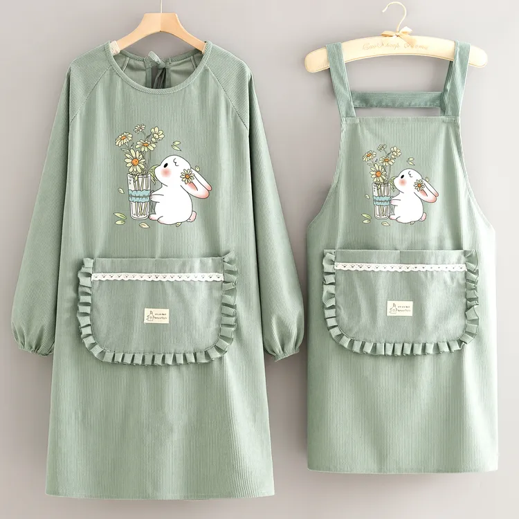 韩版条绒罩衣厨房做饭围裙餐饮围腰干活烘焙长袖女上班防护工作服