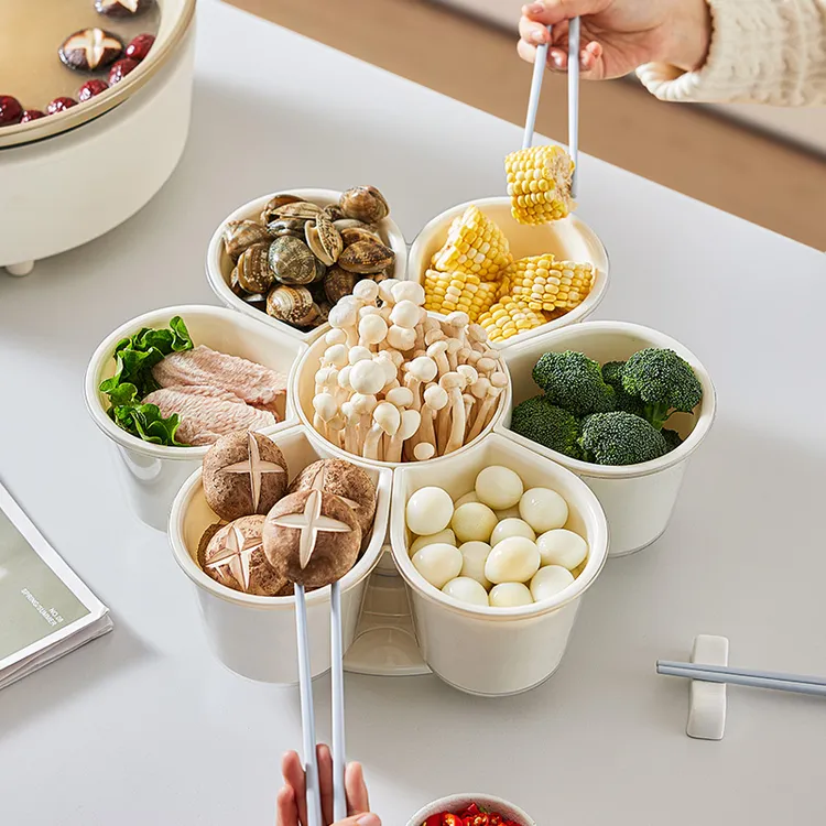 七格火锅配菜盘家用可旋转蔬菜篮置物架收纳筐厨房九宫格分格拼盘