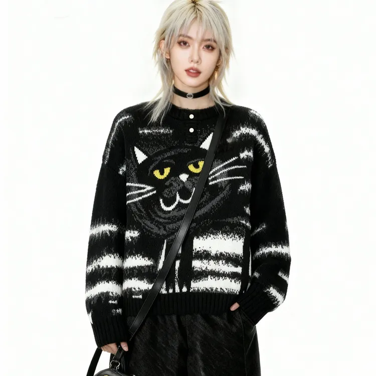 fomonull大聪明猫猫羊毛混纺毛衣套头情侣秋冬潮牌设计师针织衫