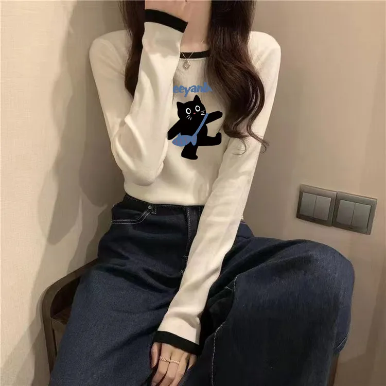 撞色正肩长袖t恤女2025年秋装新款拼接纯棉内搭减龄打底衫上衣潮