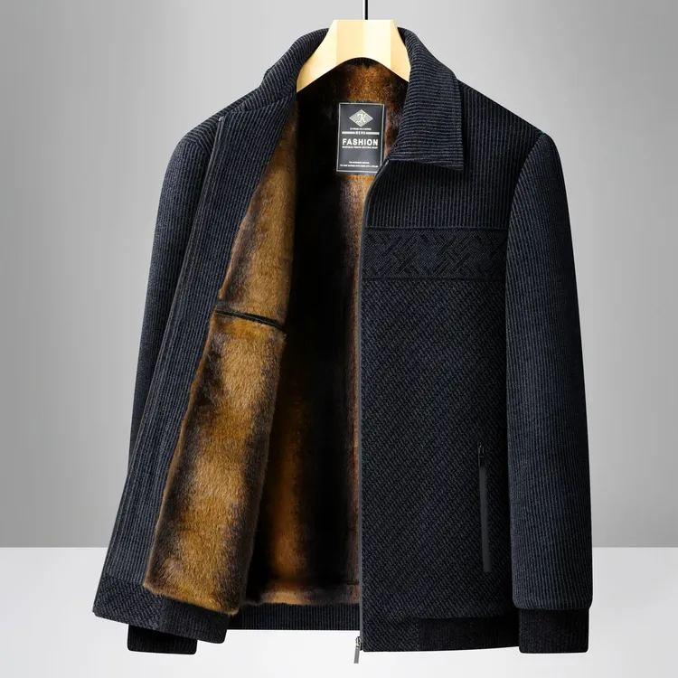 秋冬男装雪尼尔新款加厚翻领外套宽松爸爸休闲夹克男士中老年加绒