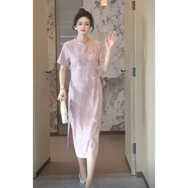 QEIIWMVIP/柒院夏季新款遮肉显瘦印花新中式国风改良旗袍7008