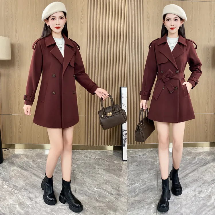 中长款呢子外套女2025新款春秋高级感正肩风衣系带收腰超好看大衣