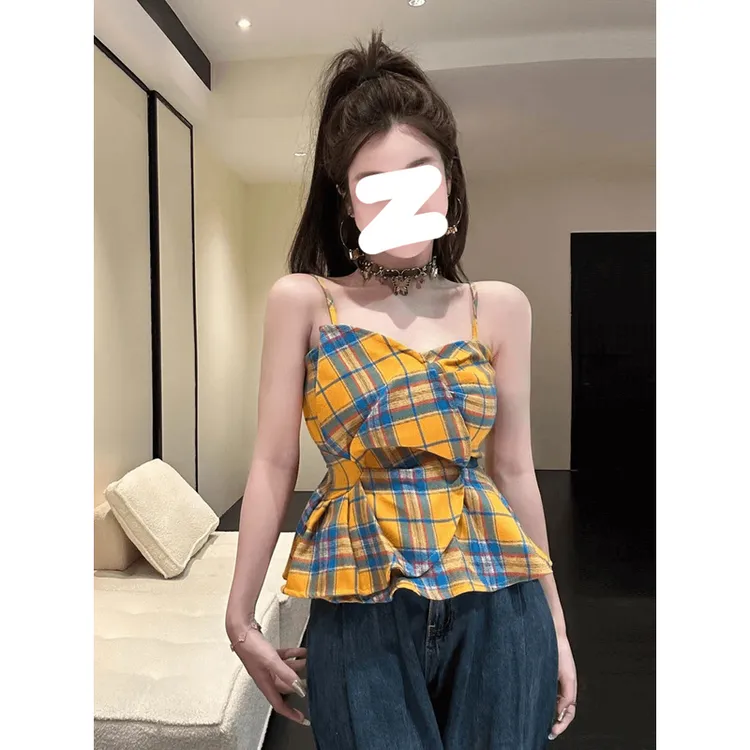泰式复古格子打底吊带背心女夏外穿设计感辣妹掐腰无袖上衣新款
