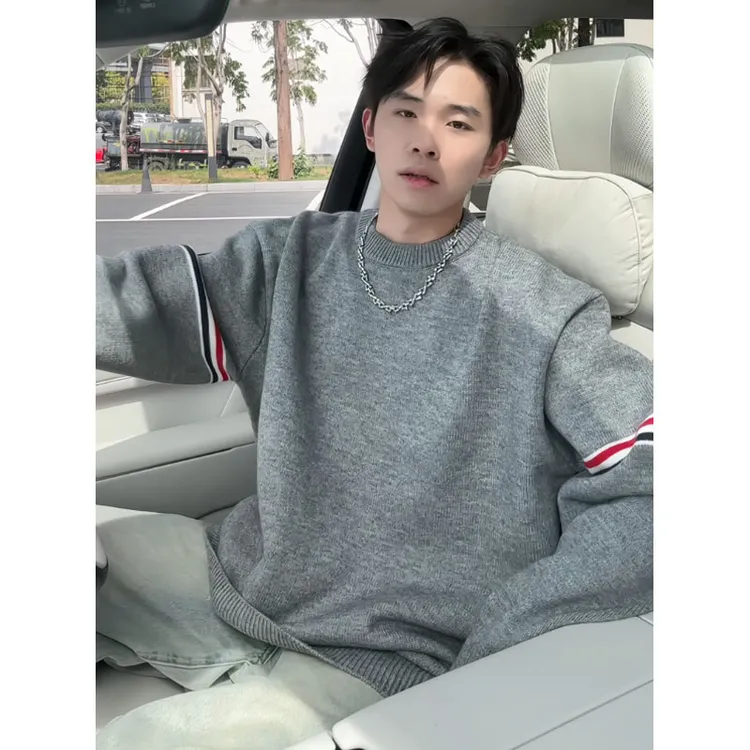 立领条纹开衫毛衣男款秋冬oversize大码针织衫外套慵懒风穿搭线衣