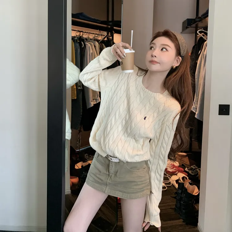 【欧尼bi备】刺绣毛衣宽松百搭套头圆花针织毛衣