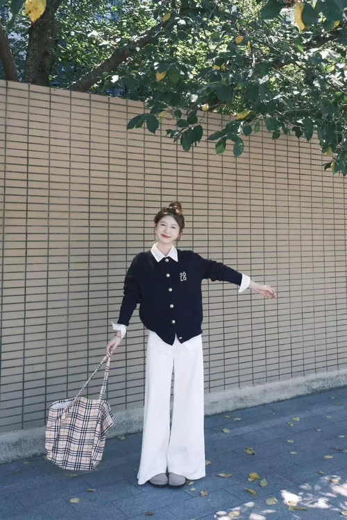 2025秋季新款设计感金扣藏青色毛衣开衫女上衣慵懒百搭直筒休闲裤