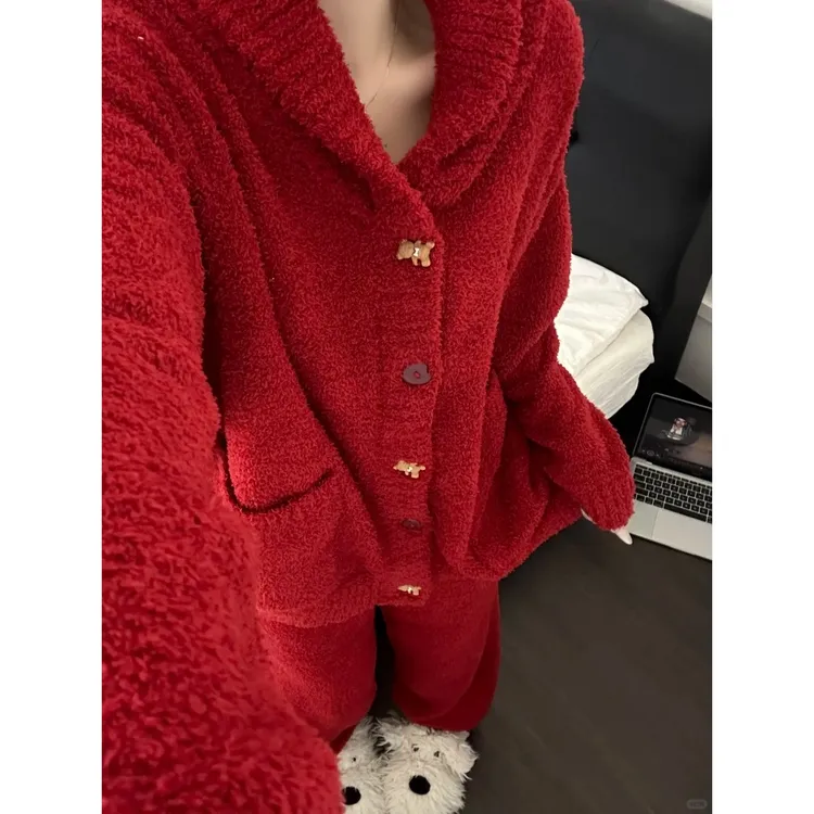韩系圣诞新年红针织半边绒睡衣女冬季新款保暖加绒加厚家居服套装