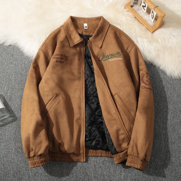 秋冬新款美式复古夹棉夹克外套保暖麂皮绒刺绣工装男加厚棉衣上衣