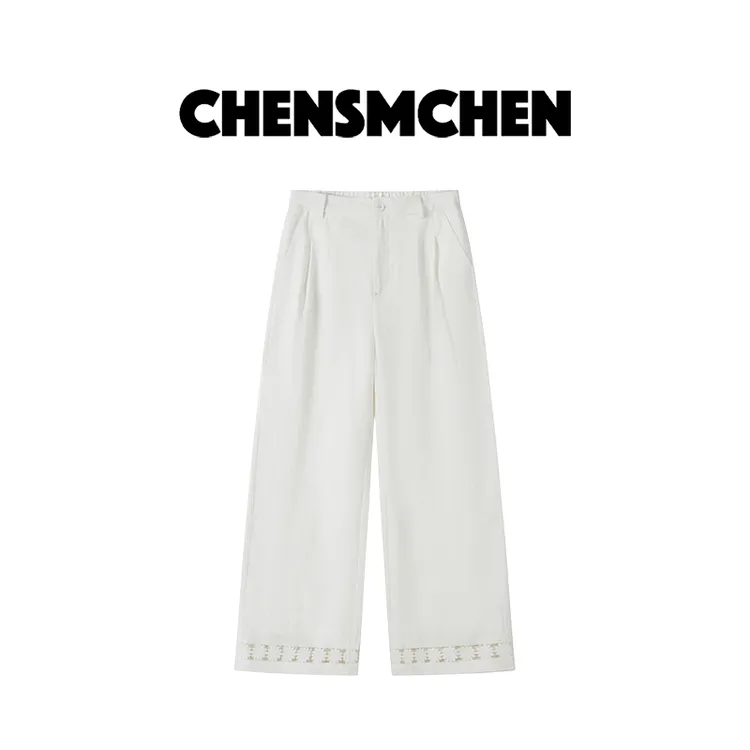 CHENSMCHEN 100亚麻阔腿裤女夏纯色简约镂空百搭休闲裤CSK4018MX