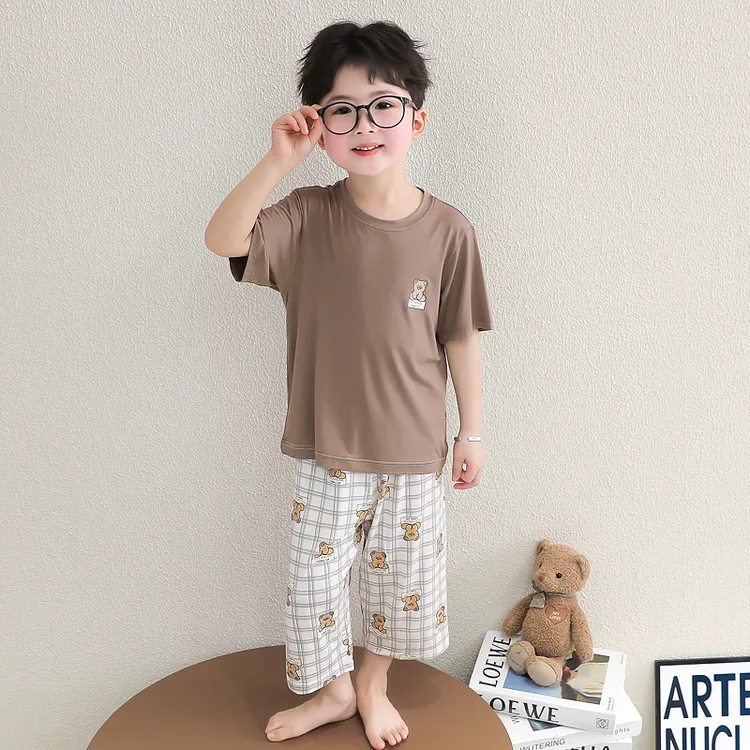 男童莫代尔睡衣套装夏季薄款2025新款小男孩宝宝卡通七分袖家居服