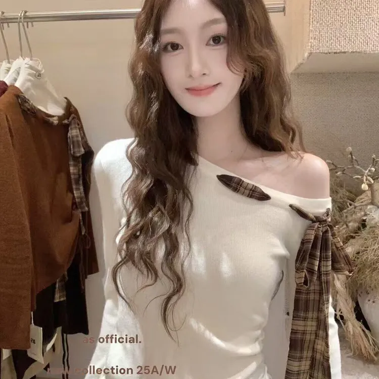 韩系时尚气质修身显瘦高级感百搭斜肩格纹系带质修身针织衫