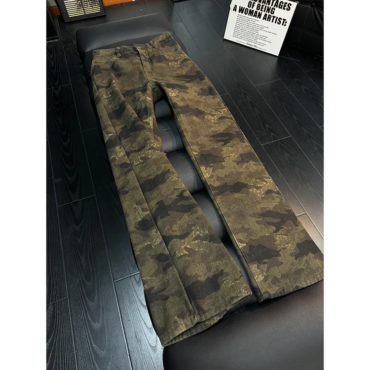 美式复古迷彩裤男款秋冬加绒牛仔裤直筒宽松显腿长微喇伐木工装裤