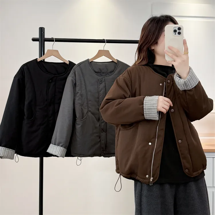 大码胖mm宽松复古圆领休闲夹棉外套女工装宽松时尚棉衣棉服202551