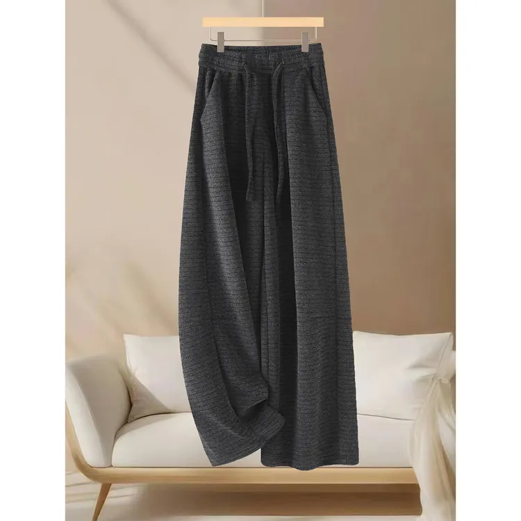 灰色条纹棉毛弯刀裤女2025秋冬新款高腰垂感加绒毛呢休闲阔腿裤子