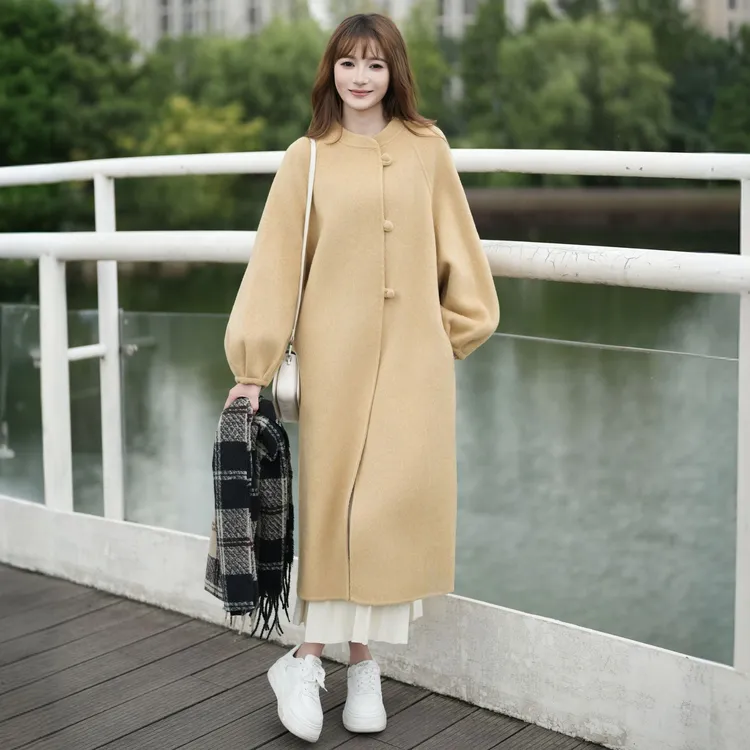 25913 新中式简约宽松温柔风立领扣子时尚百搭长款秋冬羊毛大衣