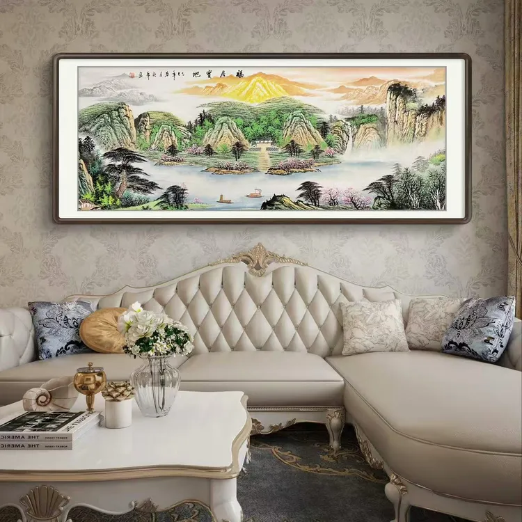 《福居宝地》纯手绘六尺横幅青绿山水客厅国画挂画作品文玩探宝