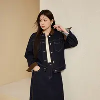【复古深蓝色撞色】纤莉秀w秋装大码女装设计感薄绒牛仔外套QK3395