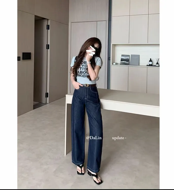 丹宁色刺绣牛仔阔腿裤25年新款复古牛仔651003