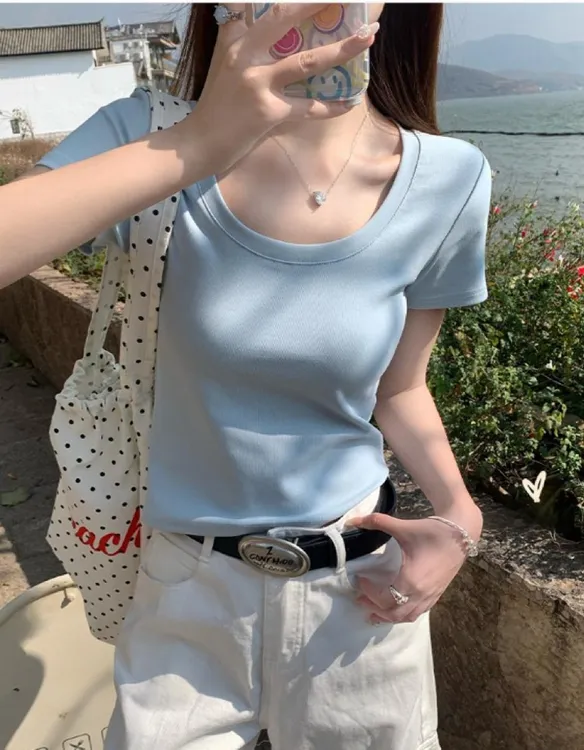 2025夏季新款U领紧身蓝色短袖T恤女百搭显瘦纯色正肩短款上衣潮