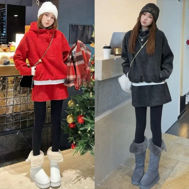 SG / 杨依 AW韩系穿搭一整套毛呢感套装 连帽卫衣+半身裙两件套女