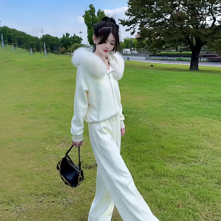 冬装穿搭一整套时尚套装女显瘦减龄超火休闲毛领卫衣阔腿裤两件套