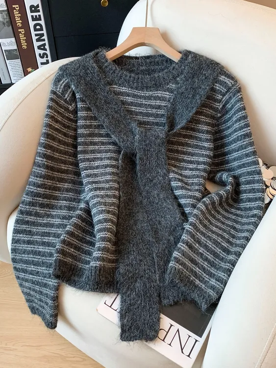 学院风条纹披肩软糯针织毛衣女秋冬穿搭洋气宽松别致针织衫上衣潮