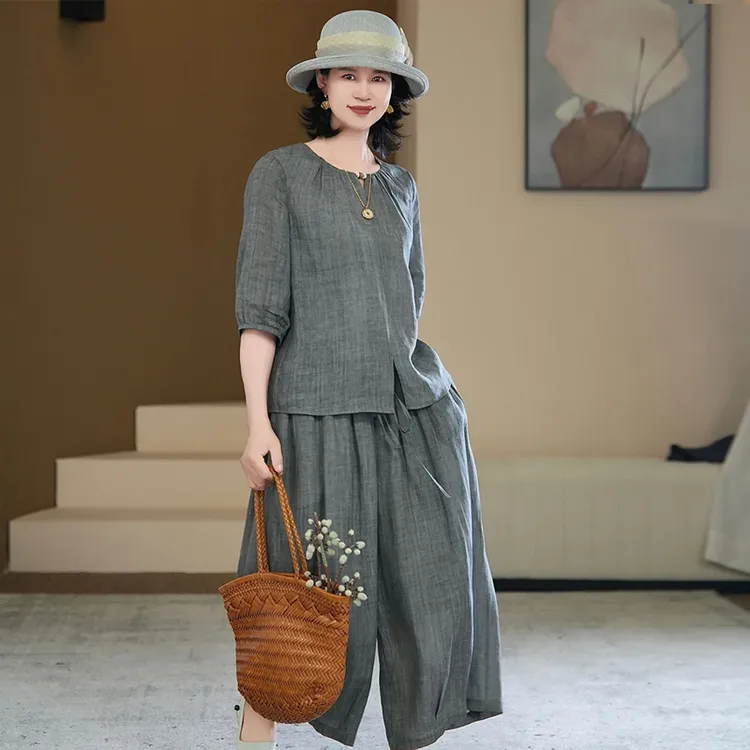 慵懒风休闲百搭套装女2026夏季新款宽松显瘦圆领衬衣阔腿裤两件套