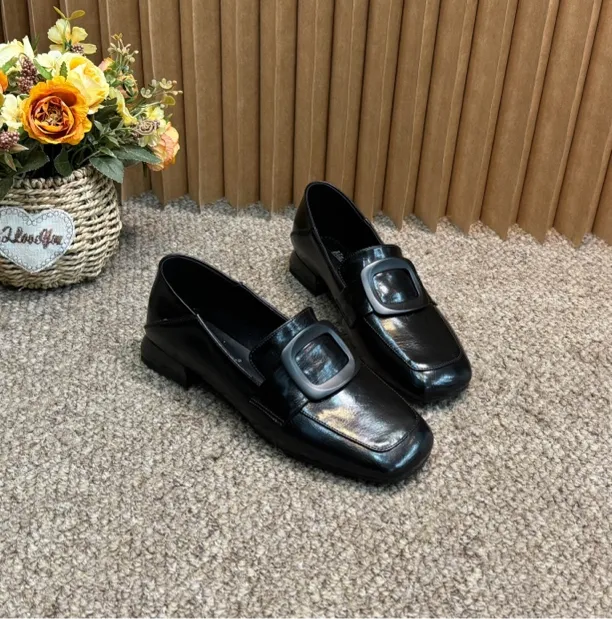 加宽加肥大码女鞋方头5010油腊牛皮2公分底粗跟软底深口单鞋