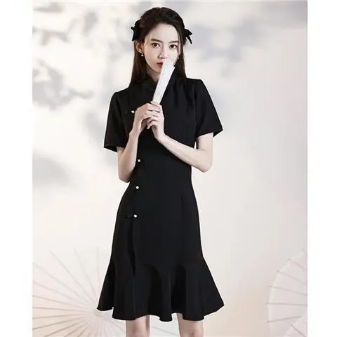 复古改良版少女黑色连衣裙女夏2023年新款设计感小众中长裙子