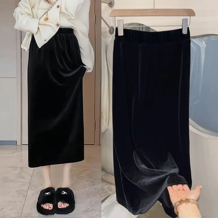 厚款秋冬款金丝绒高腰中长裙松紧带半身裙时尚百搭短裙黑色中长款