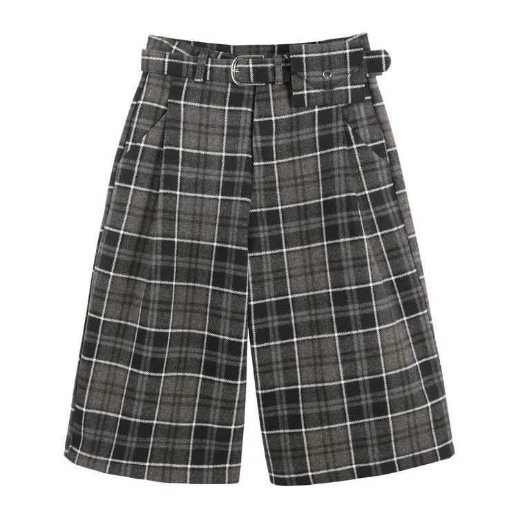 【棋盘假日】复古格纹显瘦遮肉高腰系带阔腿五分短裤HBZXW918113