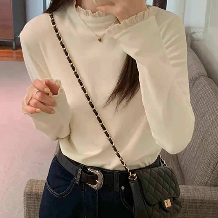 蕾丝边打底衫女双面澳绒内搭上衣秋冬法式半高领加厚T恤长袖