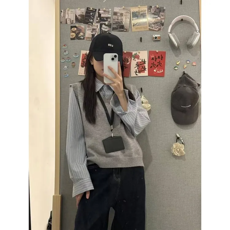 假两件撞色衬衫2025春季新款女装休闲百搭学院风叠穿长袖衬衫上衣