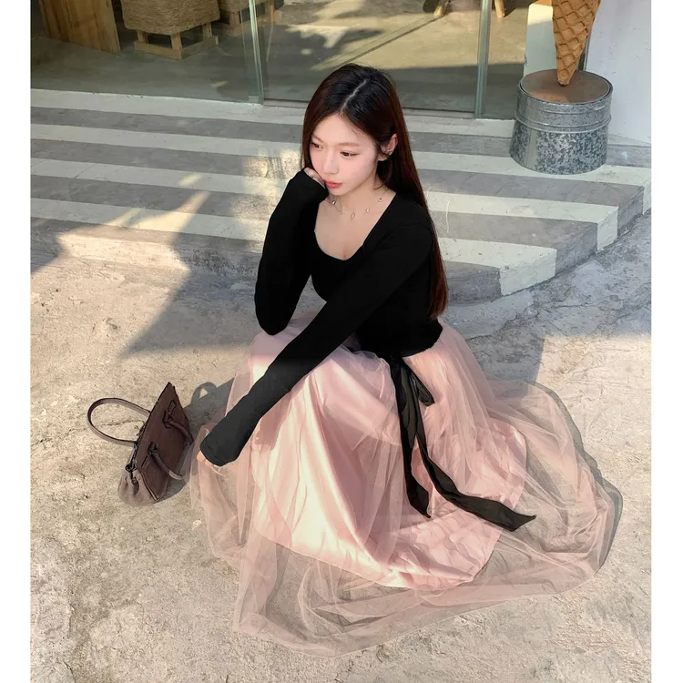 撞色连衣裙女冬显瘦坎肩长袖气质长裙C 9695#