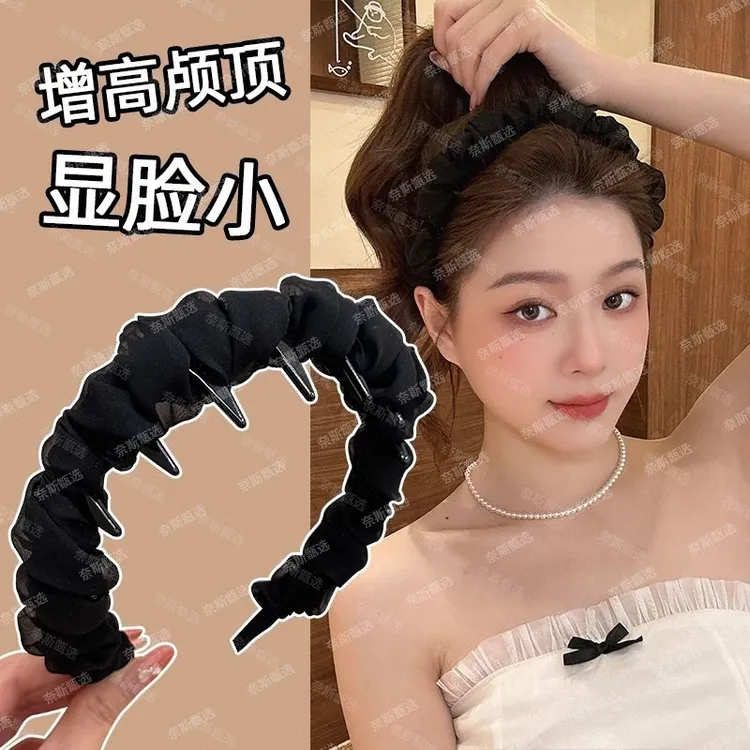 超仙网纱褶皱发箍女日常外戴蓬松高颅顶发卡带齿防滑箍头饰增高