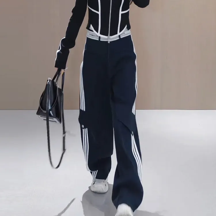 大码女装2025春夏新款阔腿休闲裤梨形百搭高腰撞色条纹弯刀拖地裤