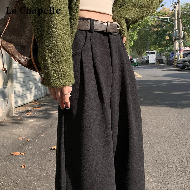拉夏贝尔黑色高级感毛呢直筒西装裤女秋冬加绒加厚垂感窄版阔腿裤