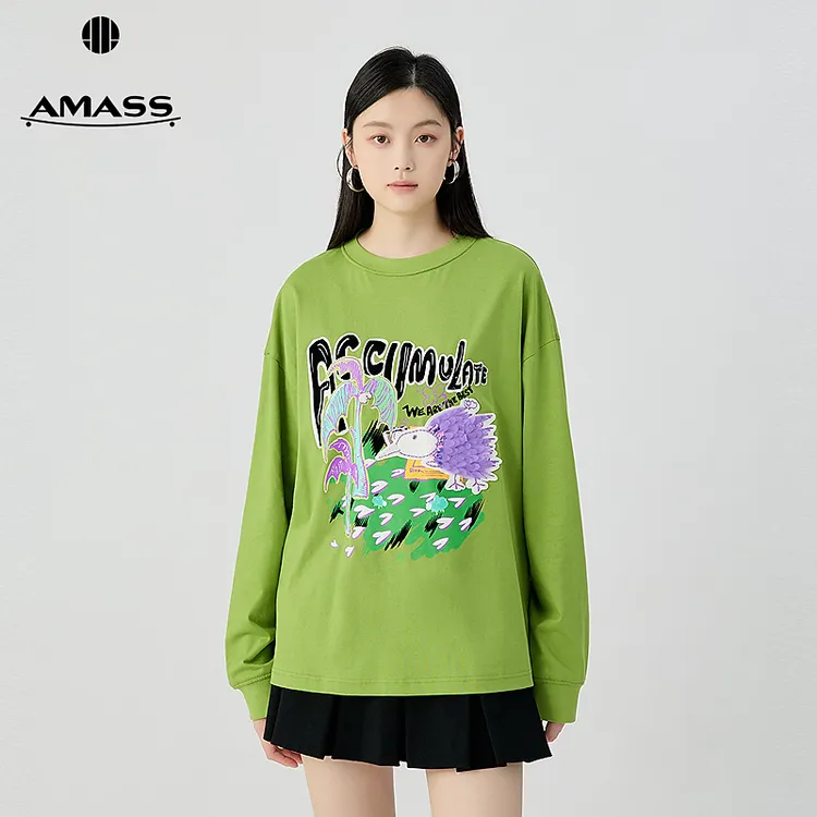 阿玛施AMASS 新款休闲质感印花图案刺绣钉珠圆领长袖上衣530089