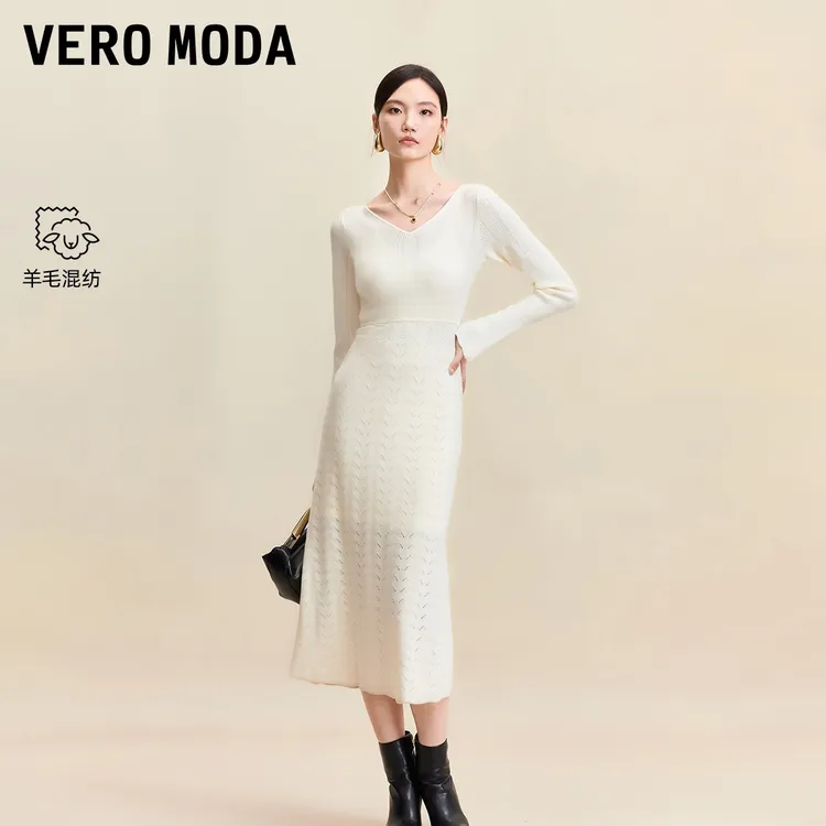 Vero Moda连衣裙【天鹅湖】25新款含绵羊毛镂空花纹花瓣袖325446016