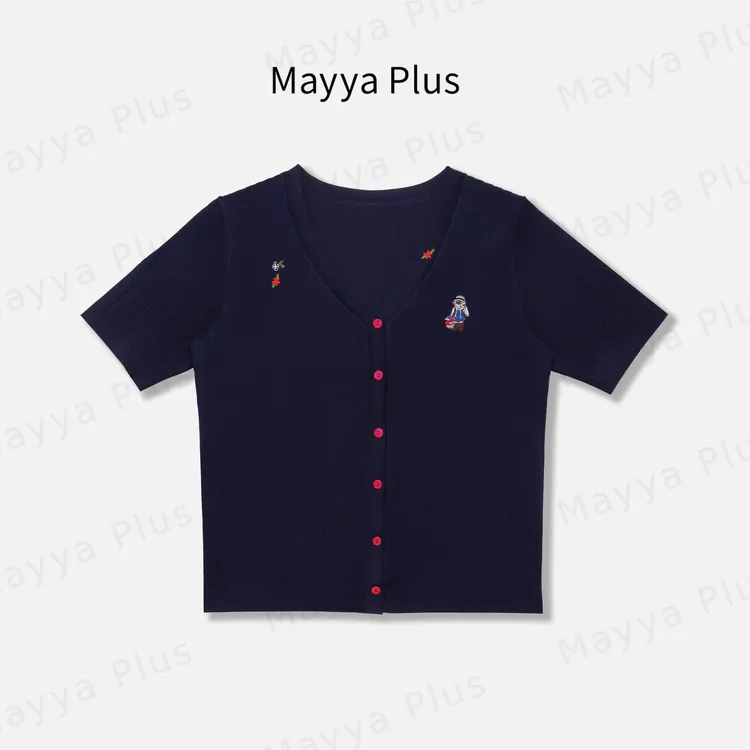【趣味小熊】Mayya Plus麦芽定制刺绣V领针织短袖开衫上衣32528209