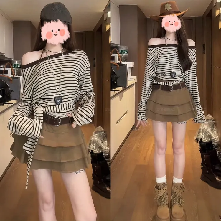 2025秋冬设计感露肩宽松条纹T恤上衣显瘦百搭百褶半身裙气质套装