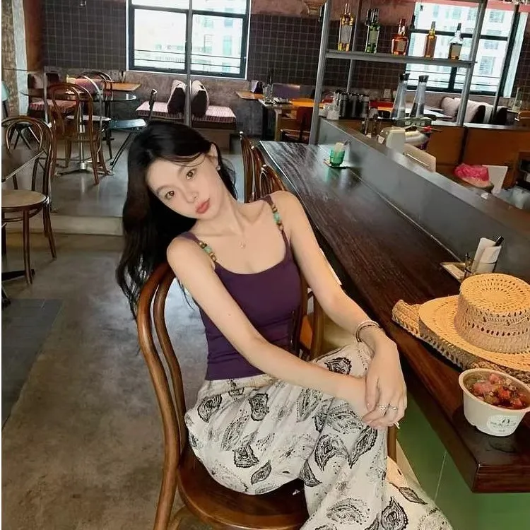 串珠设计感纯欲甜辣妹吊带背心内搭女一体式固定胸垫百搭打底上衣