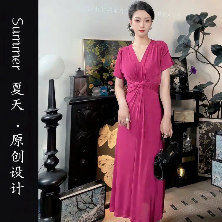 （夏日倾情）轻奢气质名媛风纯色v领连衣裙收腰显瘦高级短袖L5182#